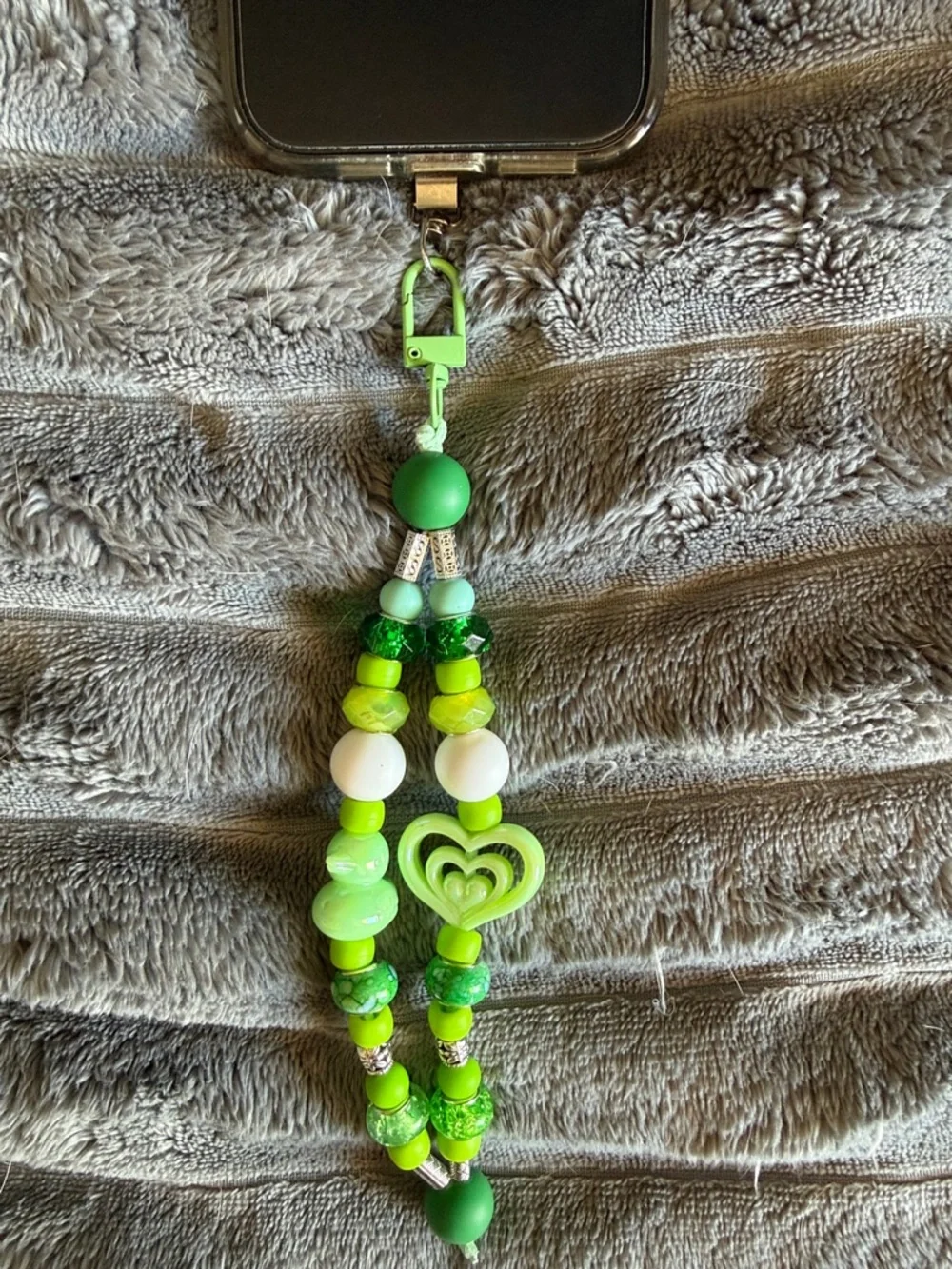 Green Beaded Phone Charm Strap with Heart Accent - Unbranded